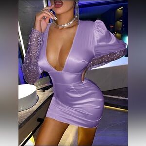 Lavender Mesh Rhinestone Long Sleeve Dress